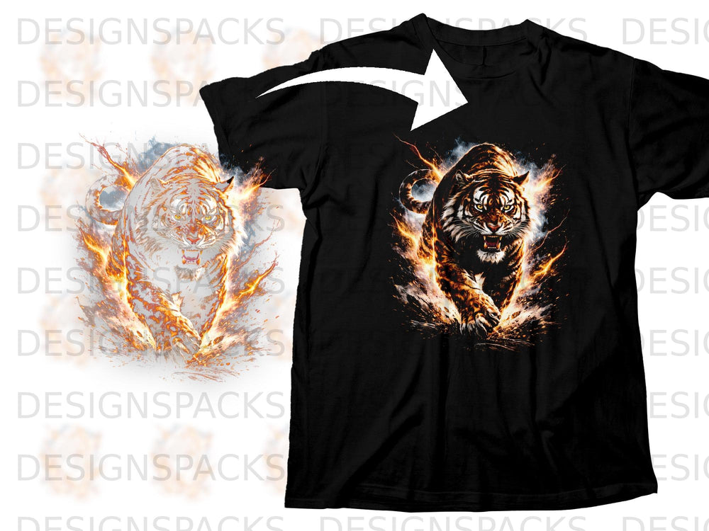 Black t-shirt with a fierce tiger surrounded by flames graphic.