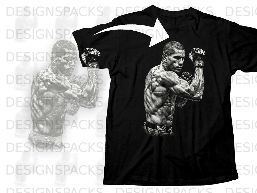 Black t-shirt with UFC fighter illustration and white arrow graphic.