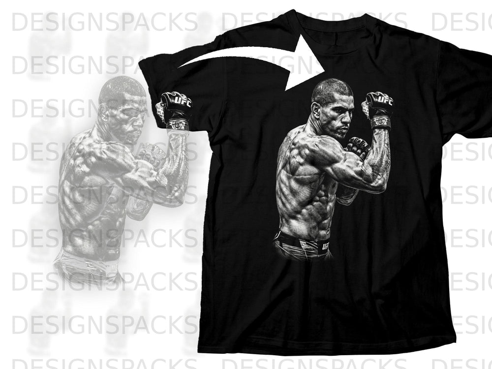 Black t-shirt with UFC fighter illustration and white arrow graphic.