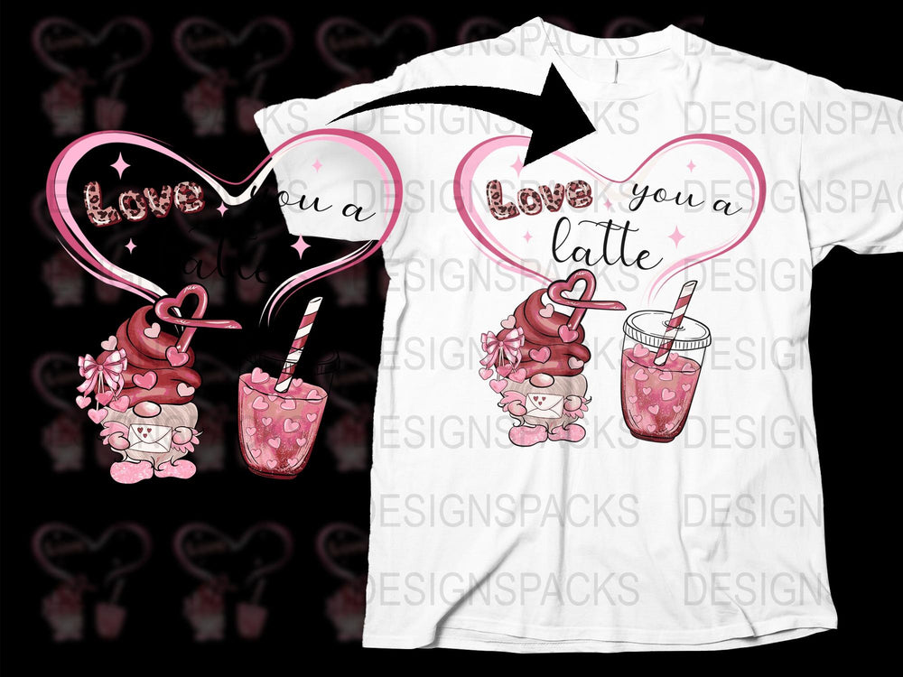 Cute Coffee Lovers T-Shirt, Love You a Latte, Cartoon Characters, Pink Heart, Gift for Valentine's Day