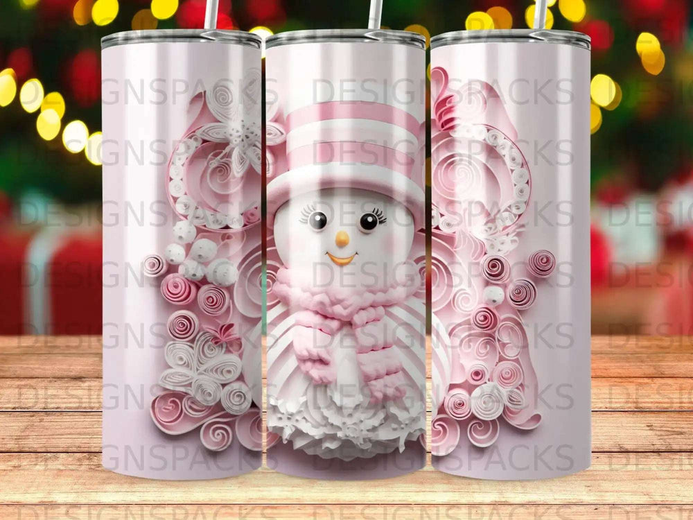 Snowman tumbler with pink accents and a textured wrap.