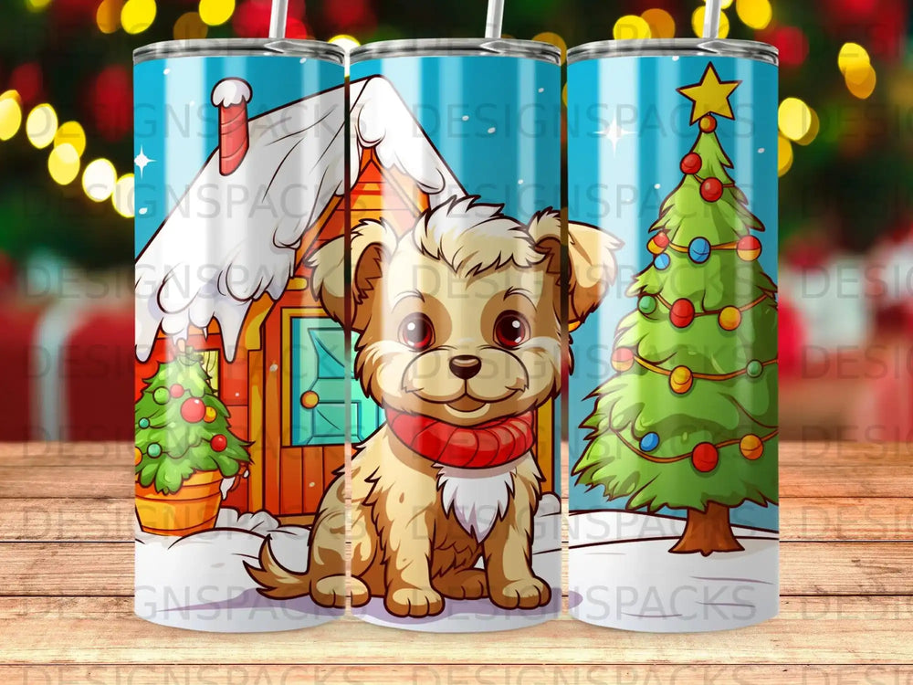 Cute puppy wearing a red scarf sits in front of a winter cabin and Christmas tree.