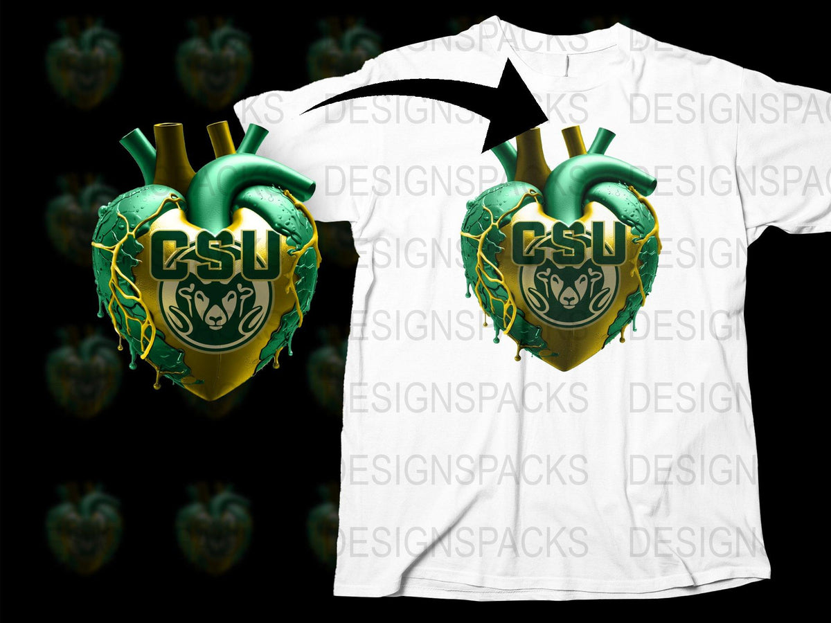 Graphic T-Shirt with Green Heart Design, GSU Logo, Trendy Urban Streetwear Tee