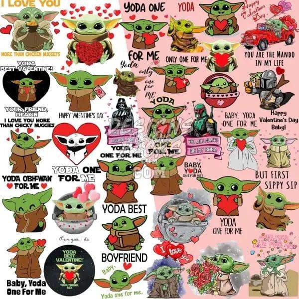 Cute Yoda Valentine's Day designs with hearts, quotes, and print-ready PNGs for DTF/DTG