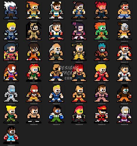 36 Gaming 8 Bits Fighters Designs Bundle PNG DESIGNSPACKS
