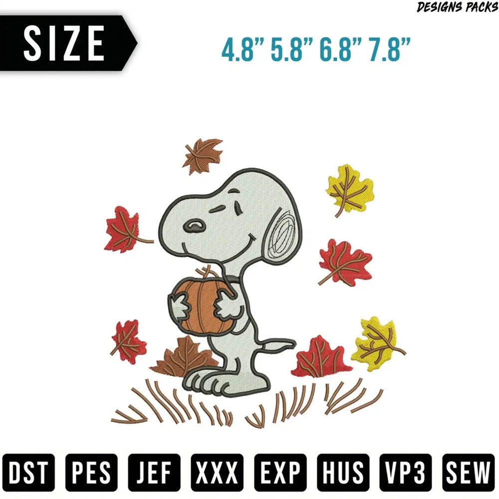 Snoopy holding a pumpkin surrounded by fall leaves, with file format text below.