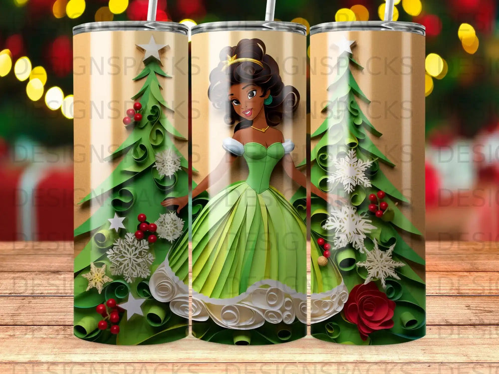 Green Tiana tumbler with Christmas tree, snowflakes, and red roses.