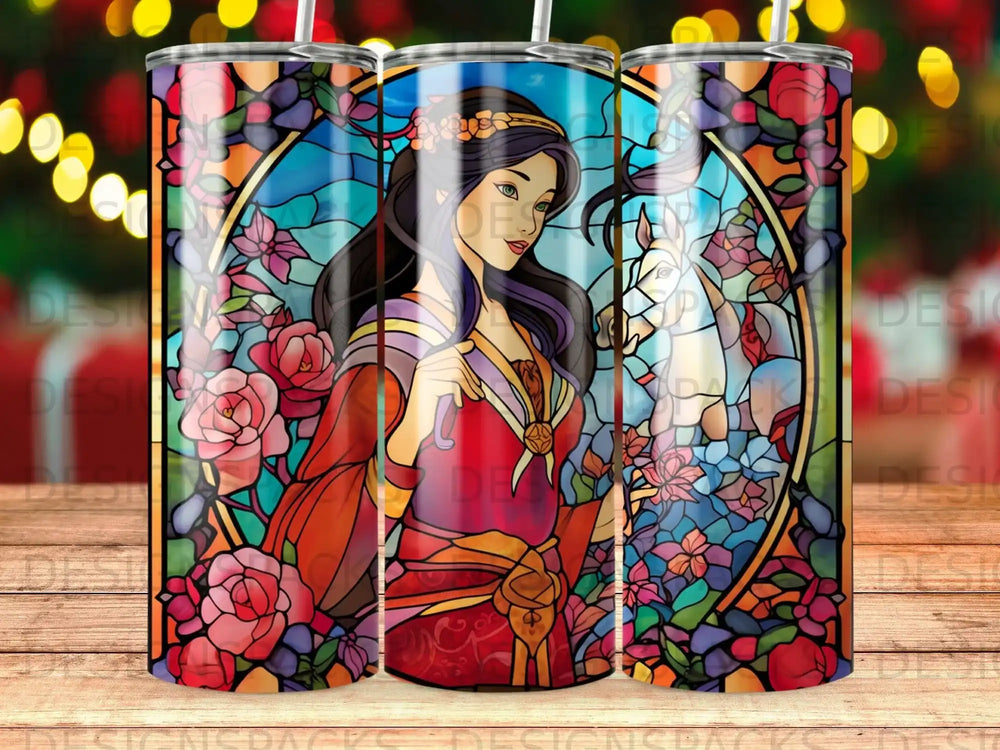 Stained glass design of a woman in a red dress with a horse and floral border.
