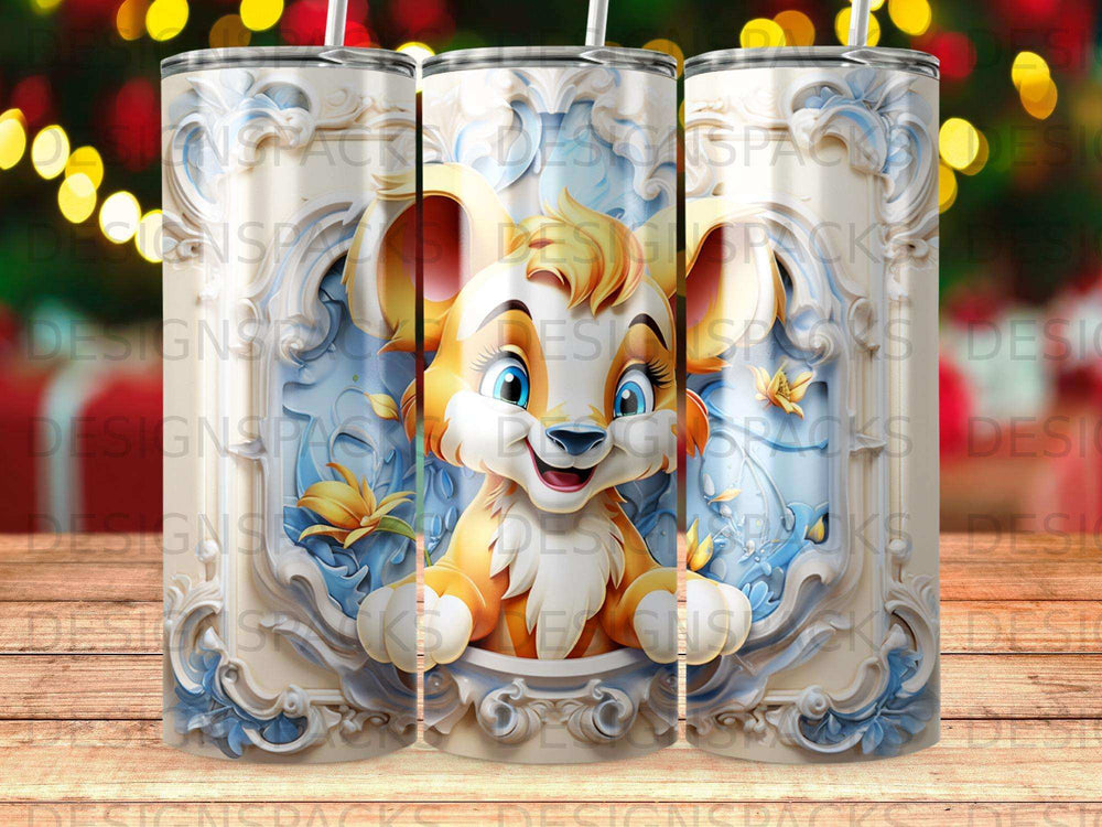 Animated cartoon lion cub with blue floral border.