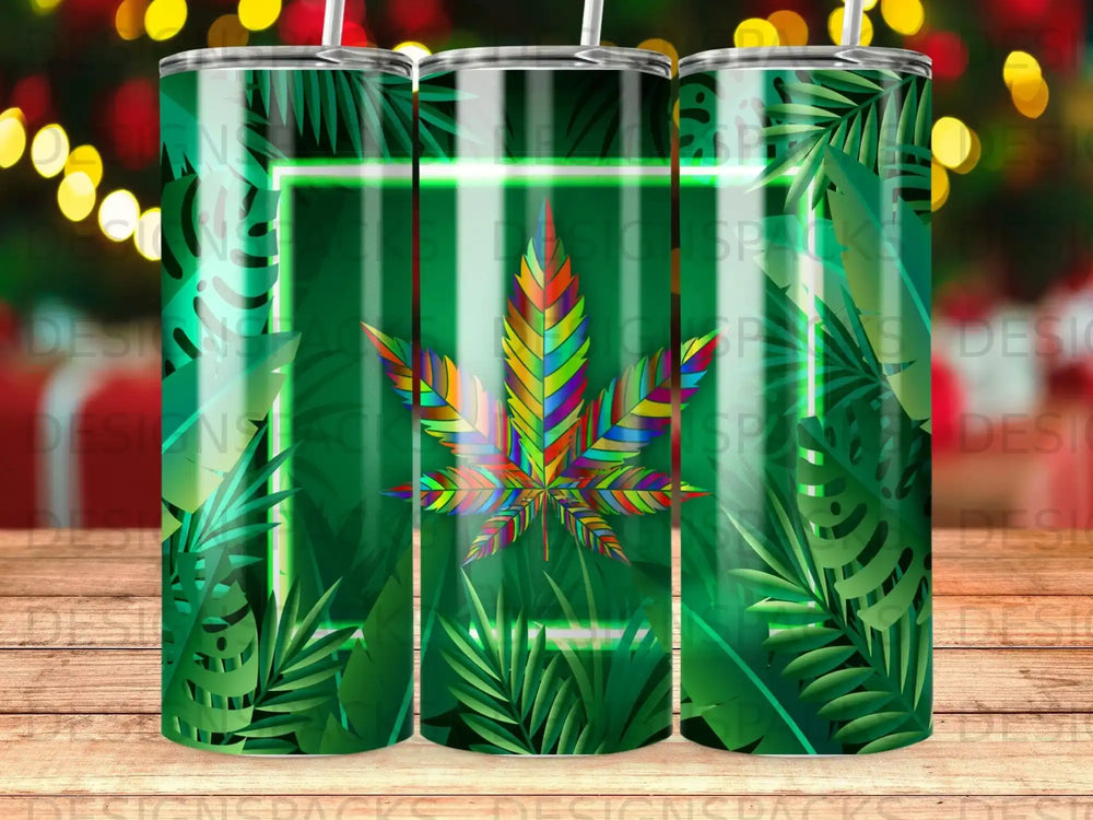 Tumbler with a neon-outlined, multicolored cannabis leaf and tropical leaves.