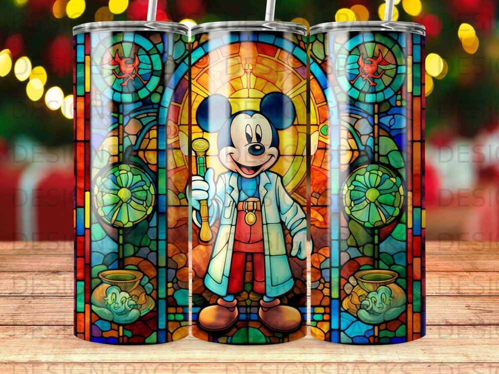 Mickey Mouse in a lab coat holding a beaker, in stained glass style.