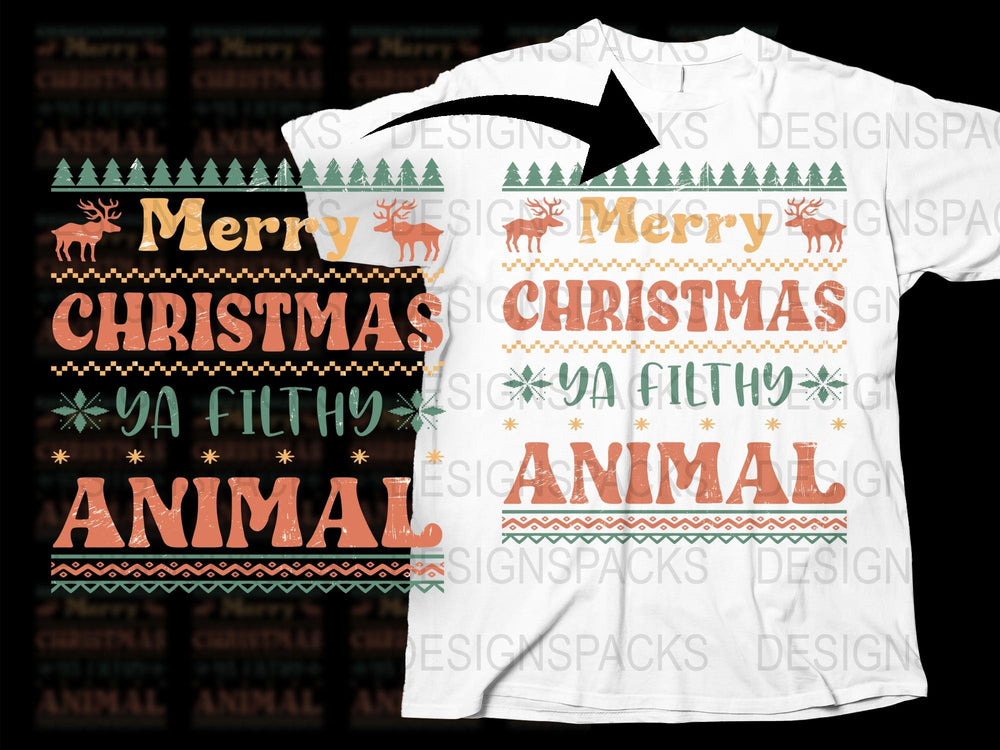 Merry Christmas Ya Filthy Animal T-Shirt, Holiday Graphic Tee, Festive Reindeer and Snowflakes Design, Unisex White Shirt