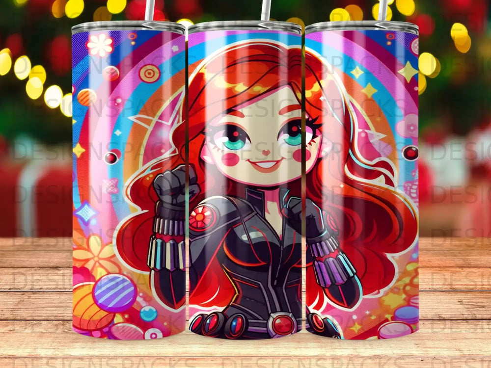 Black Widow character art on a colorful, patterned tumbler.
