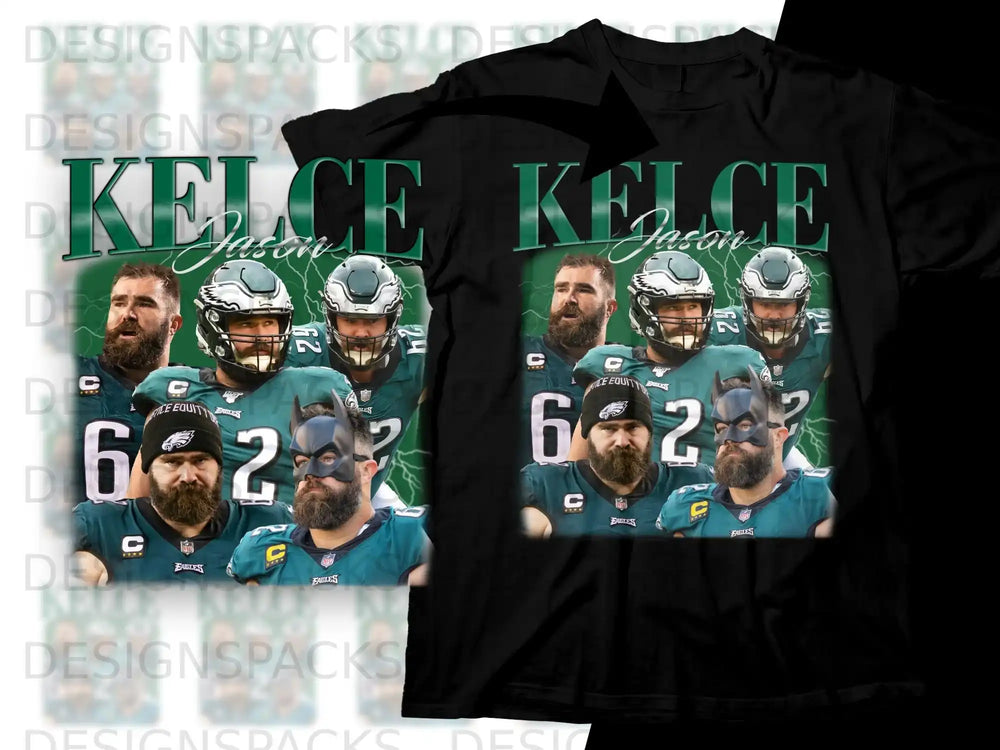 Jason Kelce Eagles graphic t-shirt with player numbers and team logos.