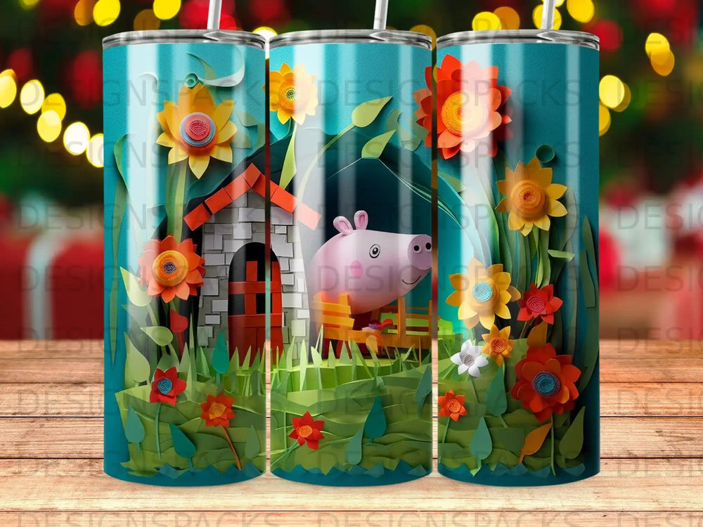 Three pigs' houses, each with a cartoon pig in front, on patterned tumblers.