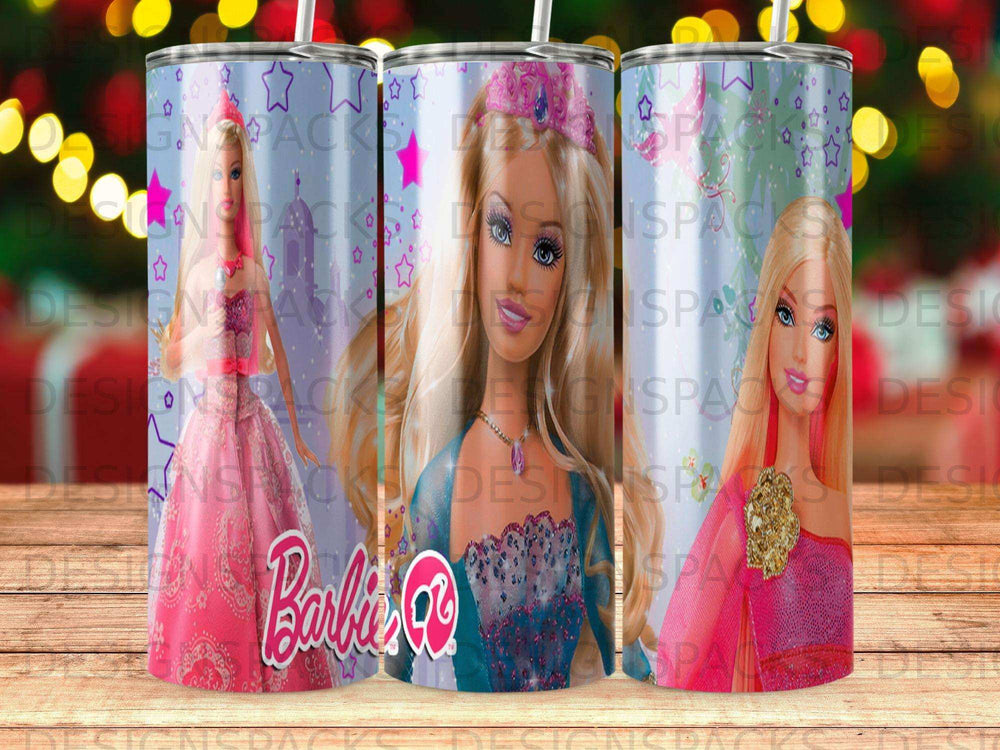 Barbie illustration on a blue, pink, and teal patterned tumbler.