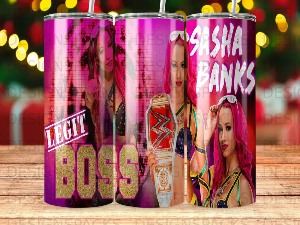 Sasha Banks Legit Boss wrestling championship belt, pink and purple background.