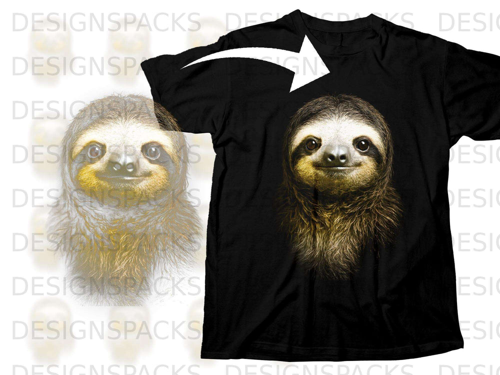 Black t-shirt featuring a close-up print of a sloth's face.