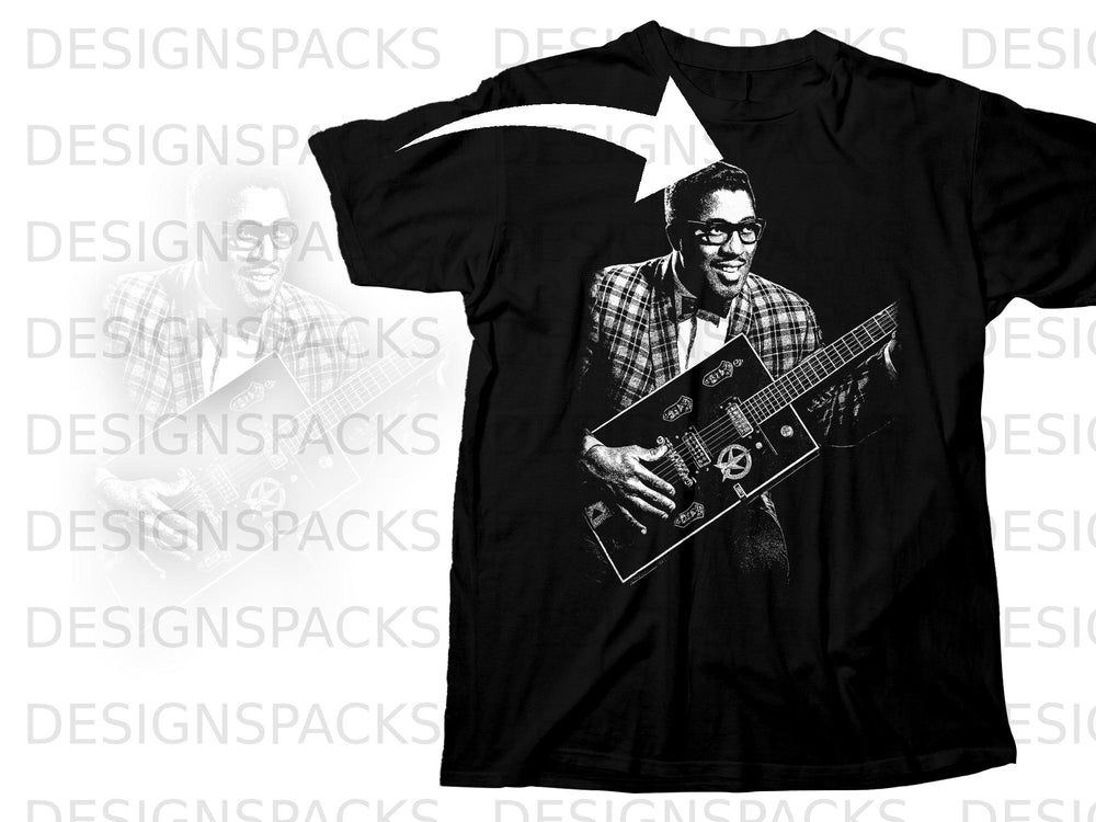 Black t-shirt with graphic of Chuck Berry playing a guitar.