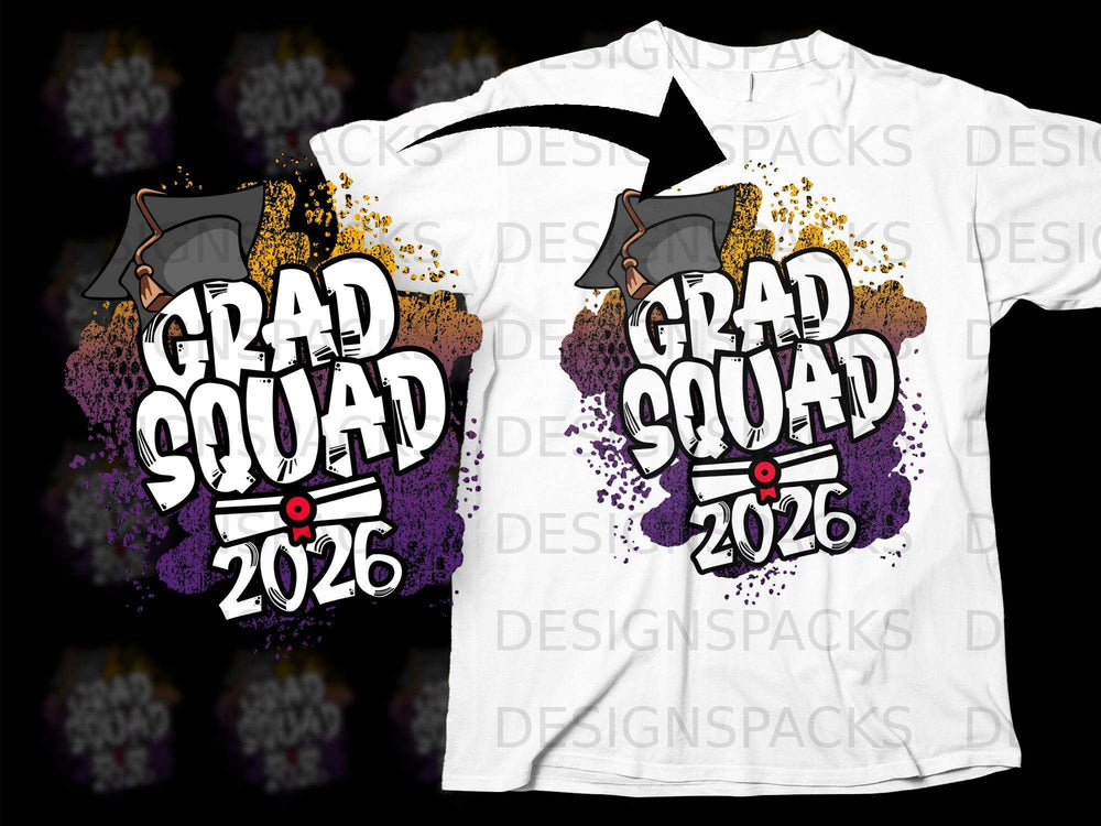 Grad Squad 2026 text with graduation cap graphic on white t-shirt.