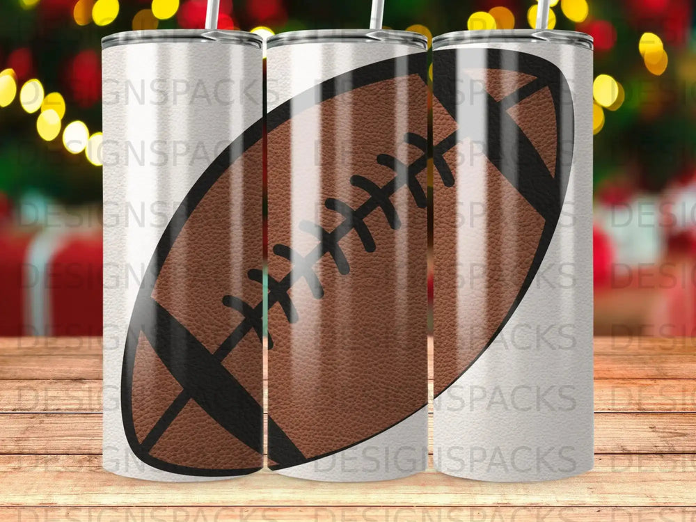 Brown football tumbler with white laces on a blurred background.