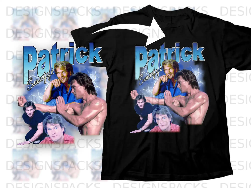 Black t-shirt with "Patrick Swayze" graphic and movie scenes.