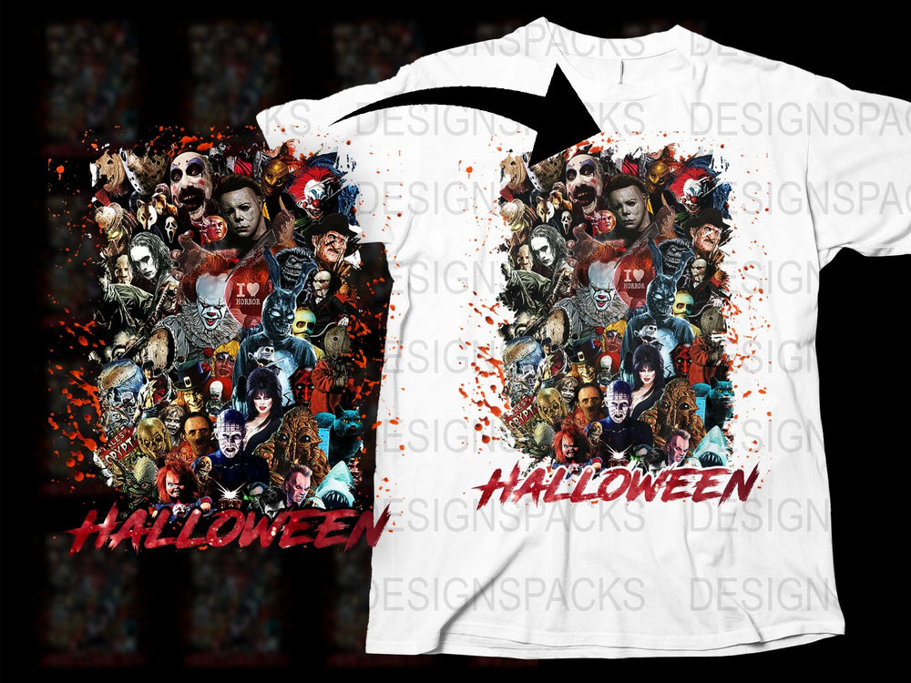 Halloween Horror Movie T-Shirt, Classic Villains Graphic Tee, Spooky Costume Shirt, Unisex Full Print