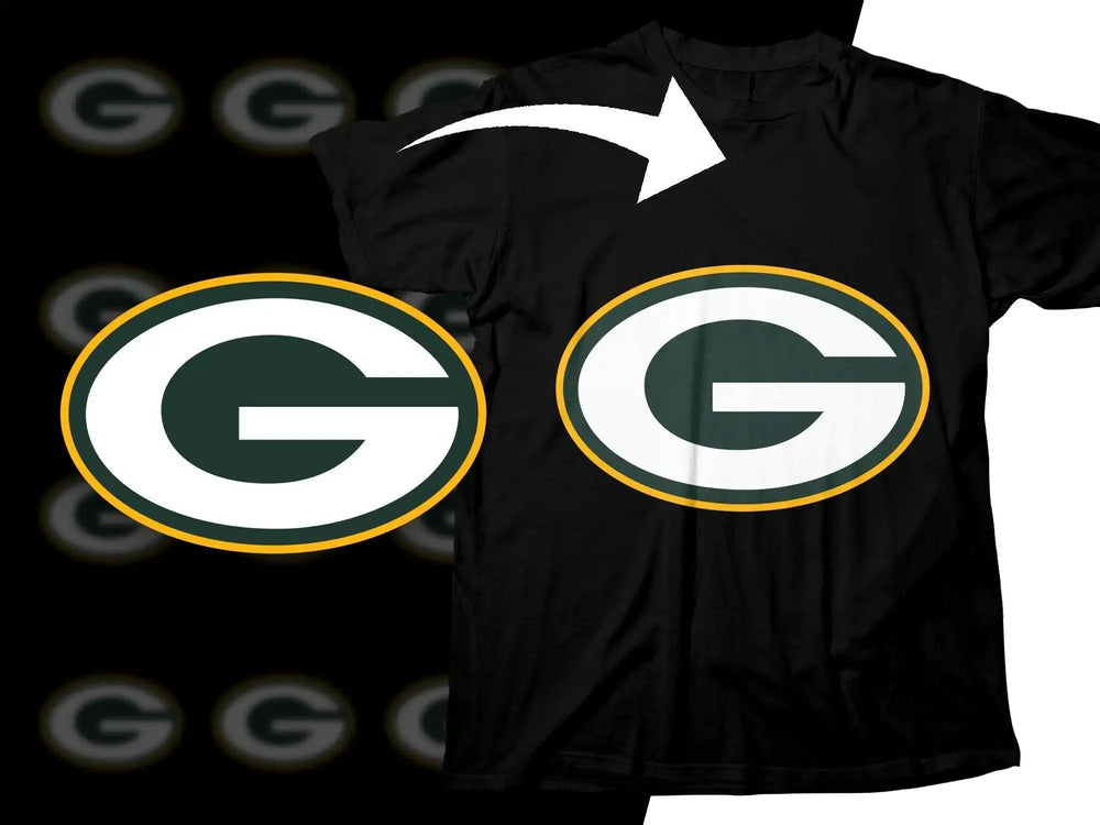 Green Bay Packers logo design on black t-shirt, print-ready for DTF/DTG