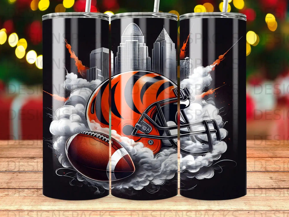 Cincinnati Bengals helmet and football with cityscape background.