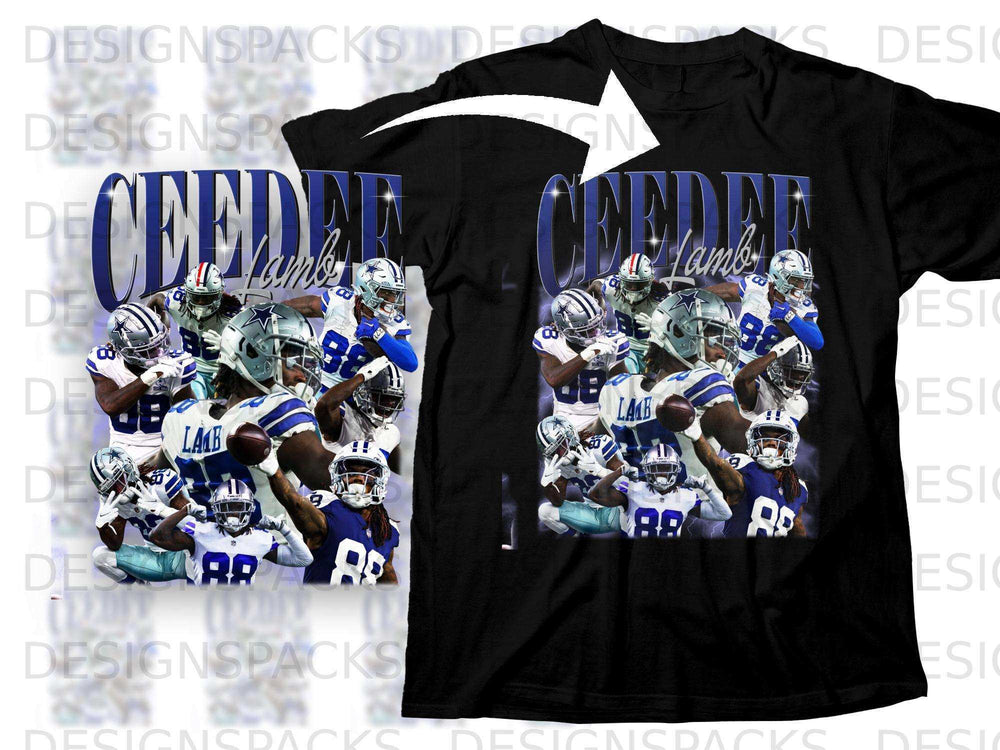 Dallas Cowboys player CeeDee Lamb collage on a black t-shirt.