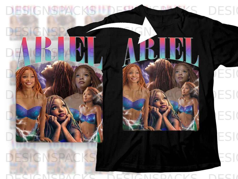 Ariel graphic on black t-shirt featuring multiple images of the character.