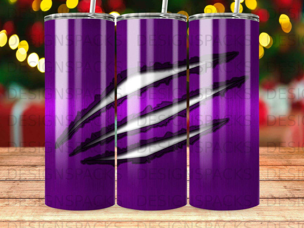 Purple tumbler with black claw marks and a faded "DESIGNSPACKS" watermark.