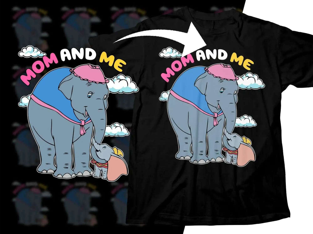 Mom and Me elephant design on black t-shirt, perfect for DTF/DTG printing