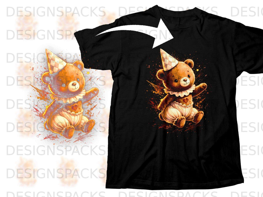 Black t-shirt featuring a watercolor illustration of a teddy bear in a party hat.