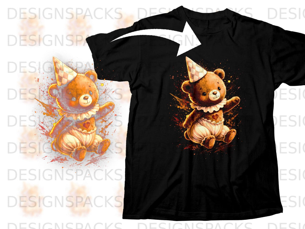 Black t-shirt featuring a watercolor illustration of a teddy bear in a party hat.