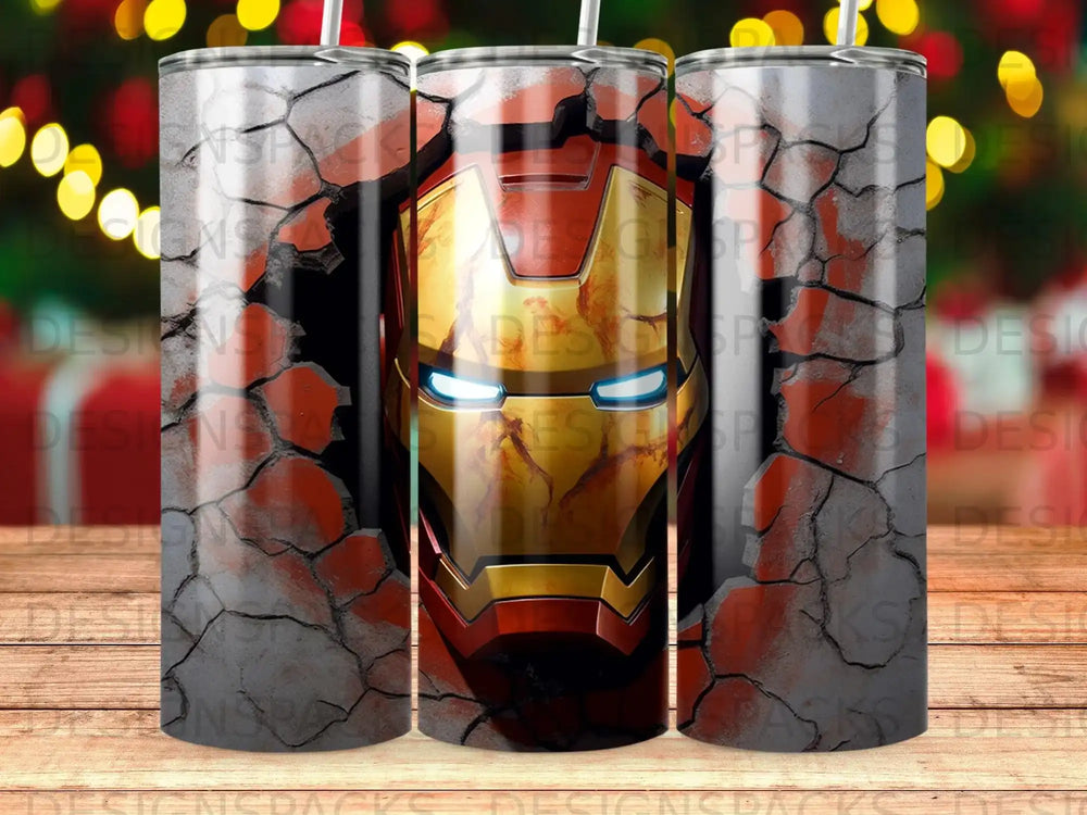 Iron Man mask breaking through cracked concrete texture.