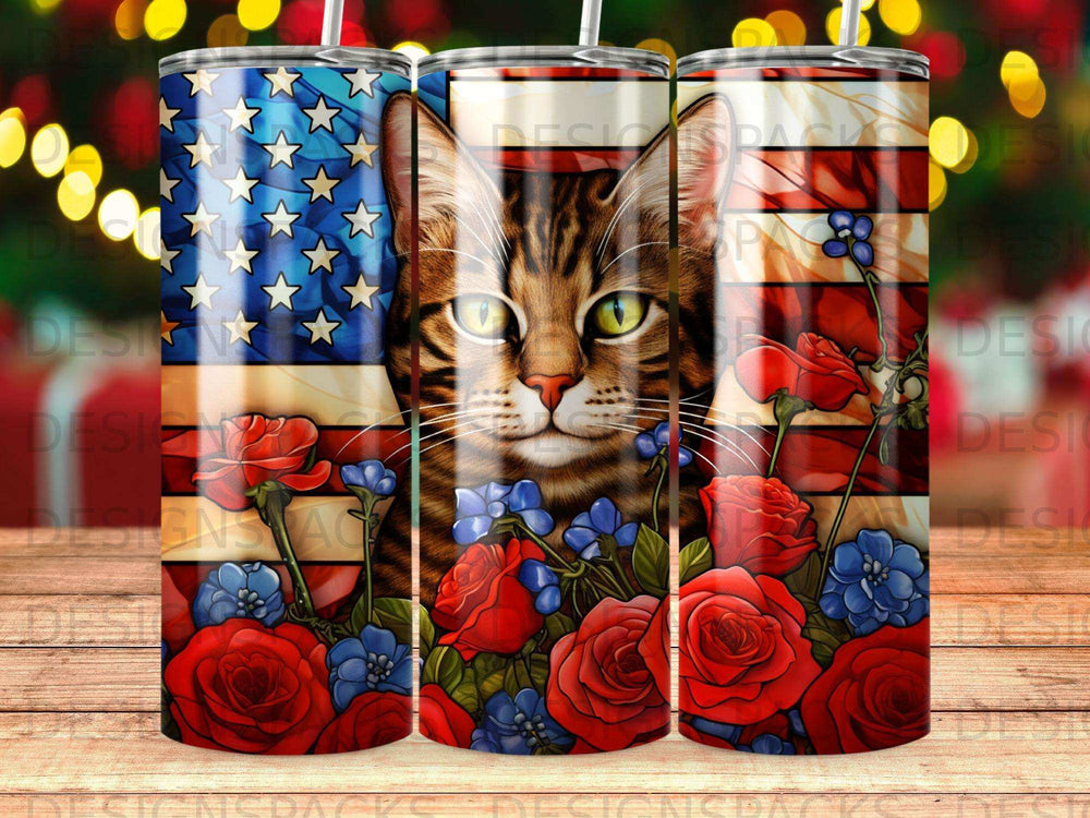 Cat with patriotic American flag and roses design on a tumbler.
