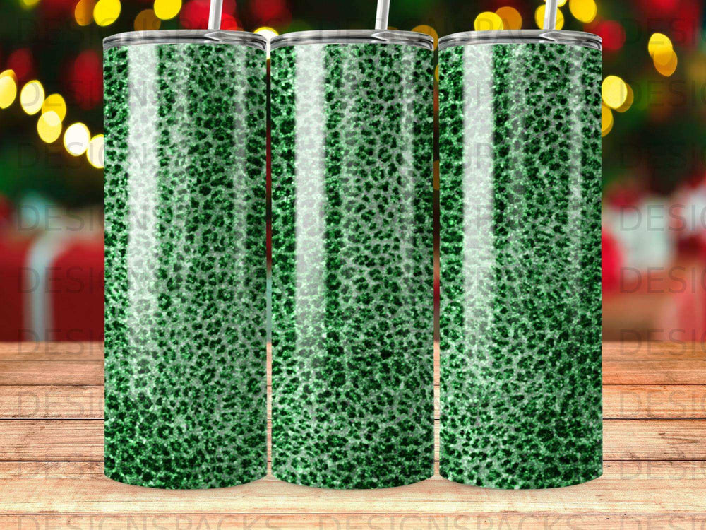 Three tumblers with green glitter leopard print pattern.