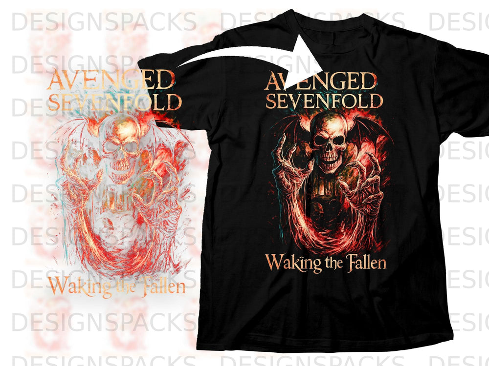 Black t-shirt with Avenged Sevenfold "Waking the Fallen" artwork featuring a skull and wings.