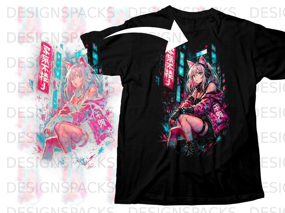Black t-shirt featuring anime girl with cat ears in neon city.