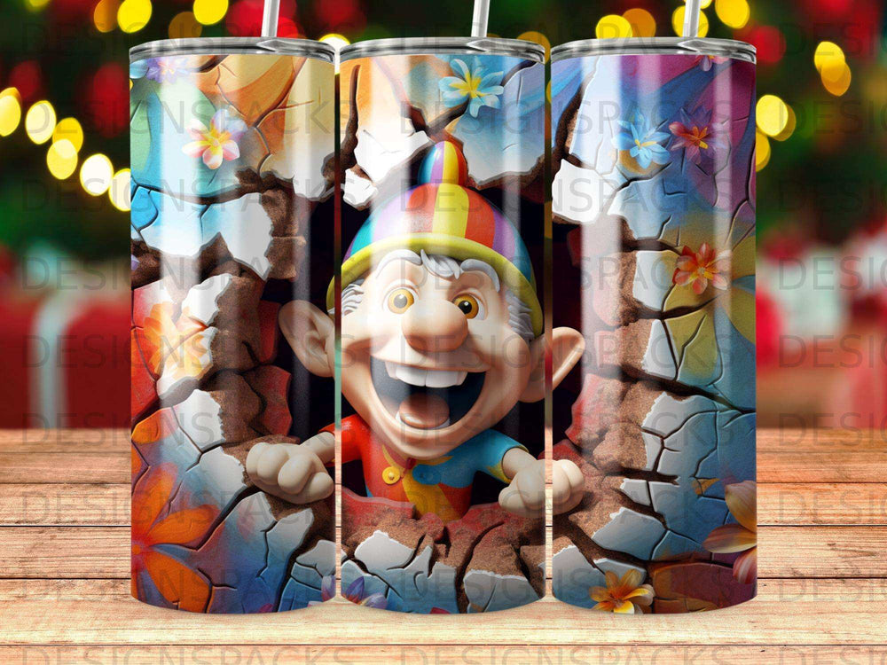 Smiling cartoon elf bursting through cracked colorful wall.