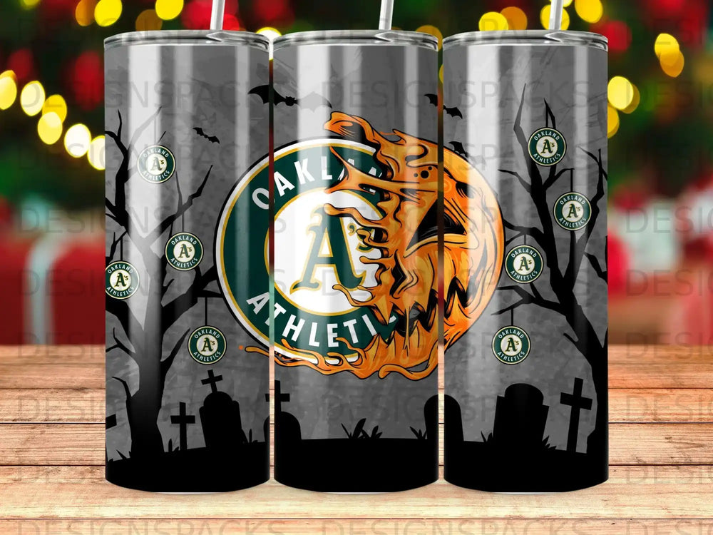 Oakland Athletics logo on spooky Halloween trees and tombstones.