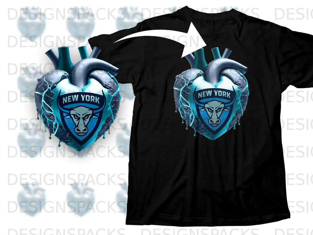 New York Blue Bull Heart Design Graphic T-Shirt
