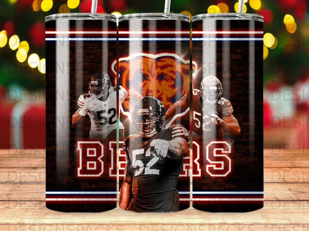 Chicago Bears football player #52 in uniform, pointing forward, with team logo.