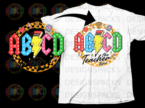 ABCD graphic with lightning bolts, apple, trophy, and book, 