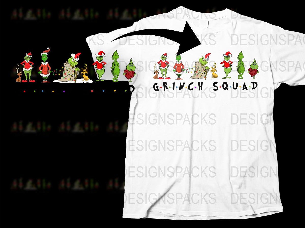 Christmas T-Shirt Grinch Squad Festive Holiday Apparel Whimsical Cartoon Characters Family Xmas Party Outfit