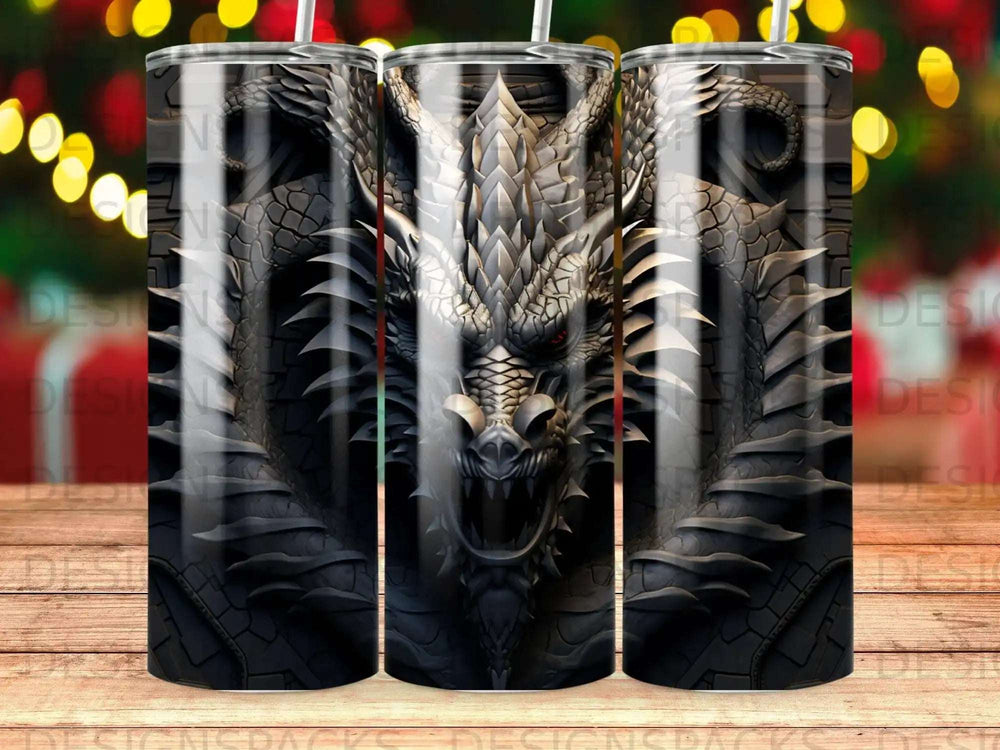 Dark dragon head with red eyes on a tumbler.