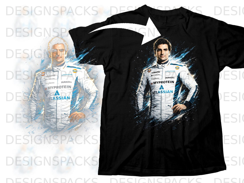Carlos Sainz in racing suit with "Atlassian" and "Myprotein" logos on black t-shirt.