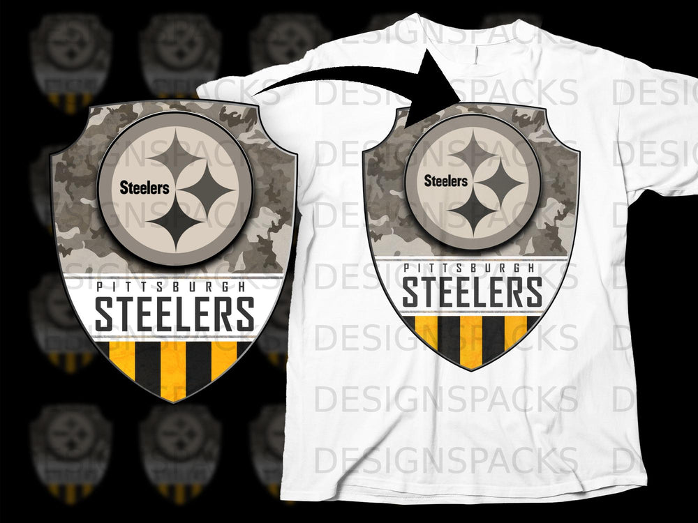Pittsburgh Steelers logo shield with camouflage and yellow stripes on white t-shirt.