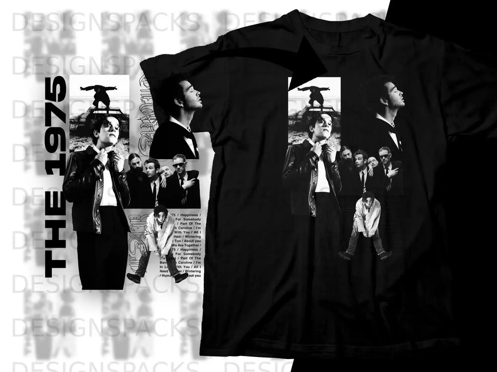 The 1975 album art with song titles on black t-shirt.